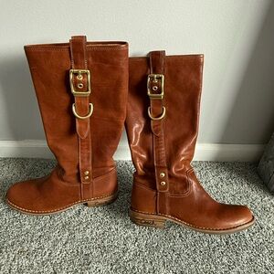 Coach Tan Leather Moto Boots with Gold Buckles